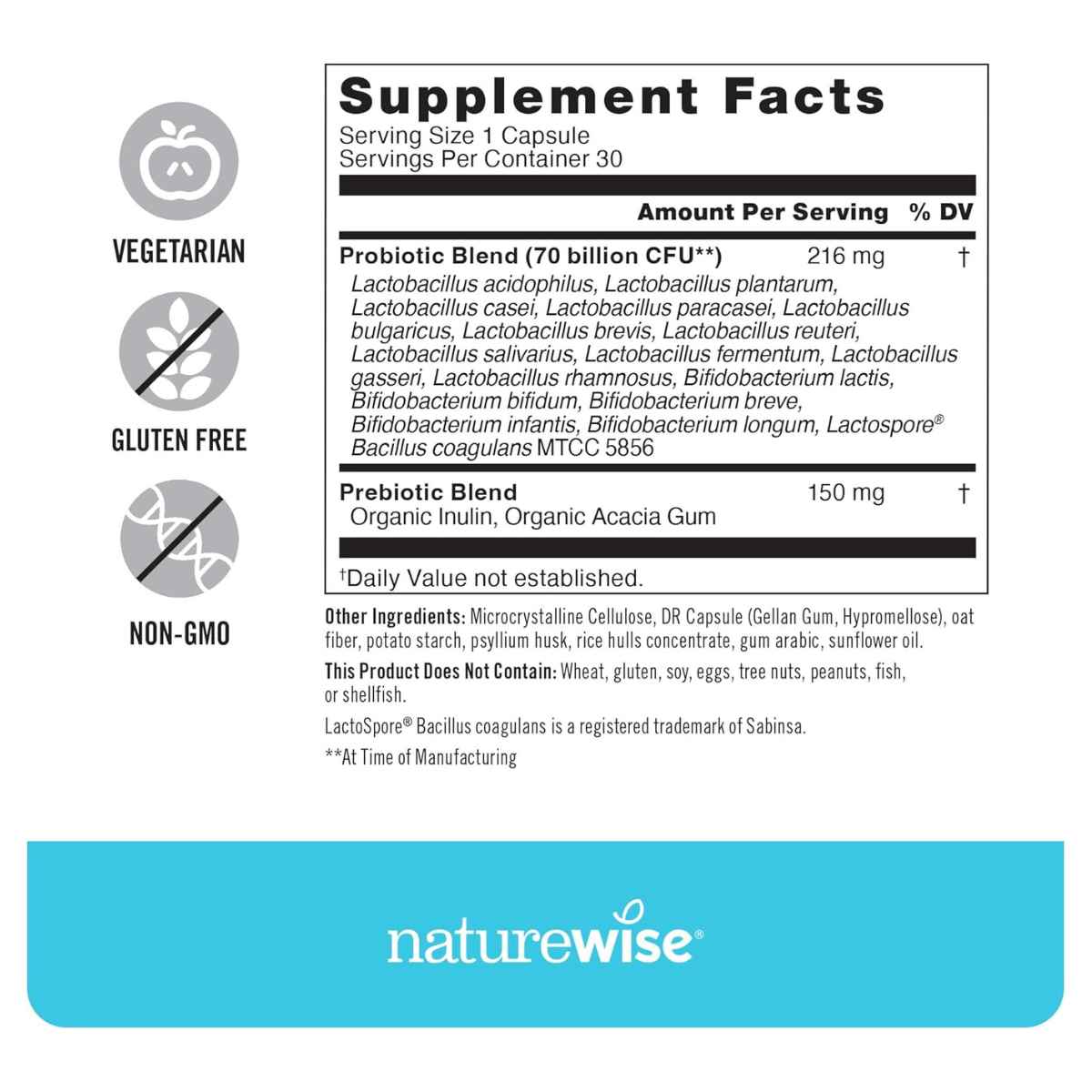 NatureWise Probioticos 70 Mil Millones CFU - 30 Cápsulas - Tabla Nutricional - Haz Tu Pedido