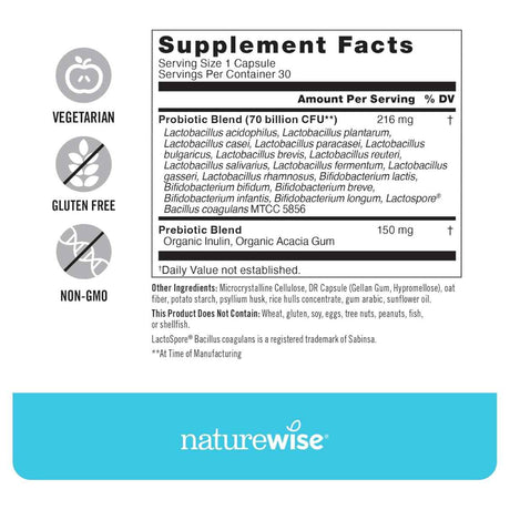 NatureWise Probioticos 70 Mil Millones CFU - 30 Cápsulas - Tabla Nutricional - Haz Tu Pedido