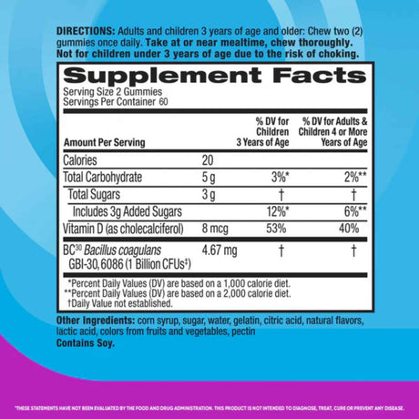 Digestive Advantage Probiótico Diario - Sabor Frutas - 120 Gomitas - Tabla Nutricional - Haz Tu Pedido