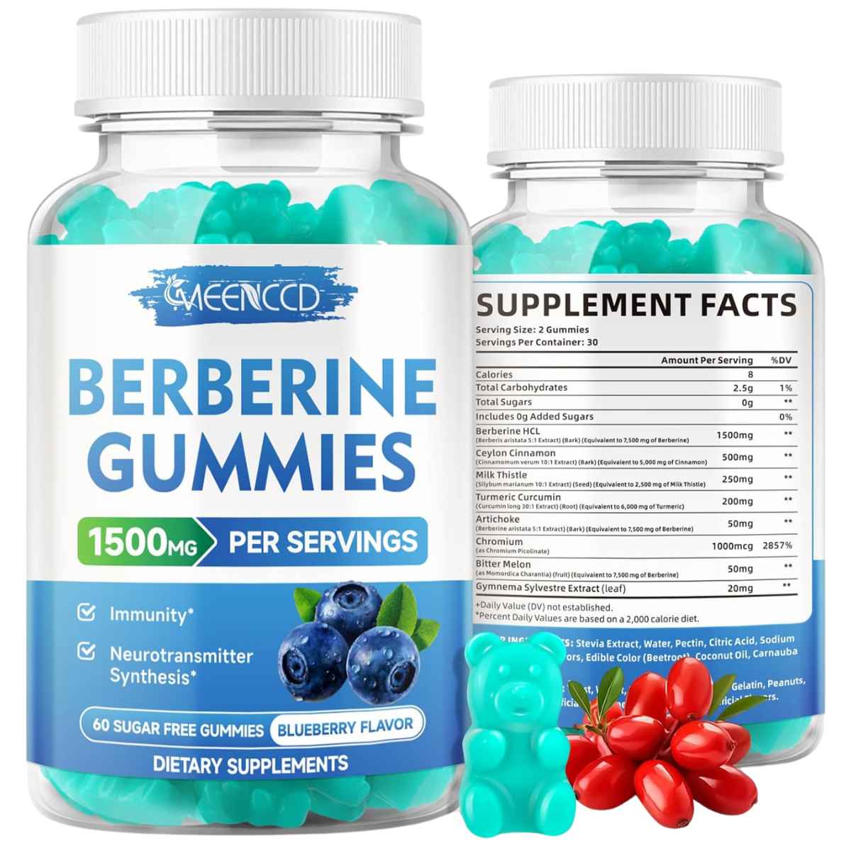 MEENCCD Berberina Suplemento Natural 1500 mg - Sabor Arándano Azul - 60 Gomitas - Haz Tu Pedido