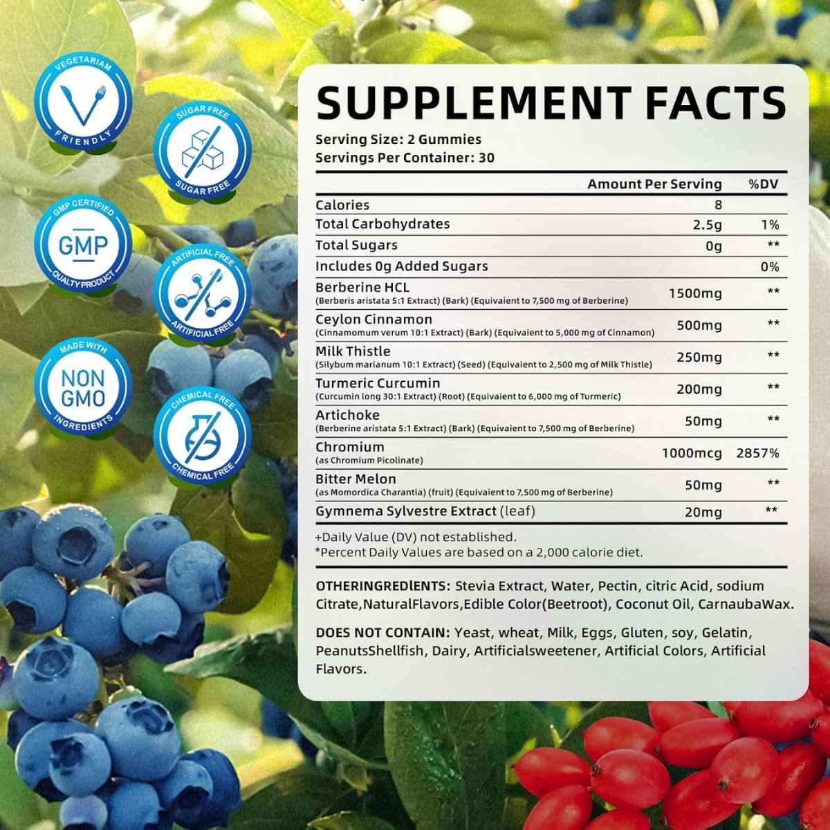 MEENCCD Berberina Suplemento Natural 1500 mg - Sabor Arándano Azul - 60 Gomitas - Tabla Nutricional - Haz Tu Pedido