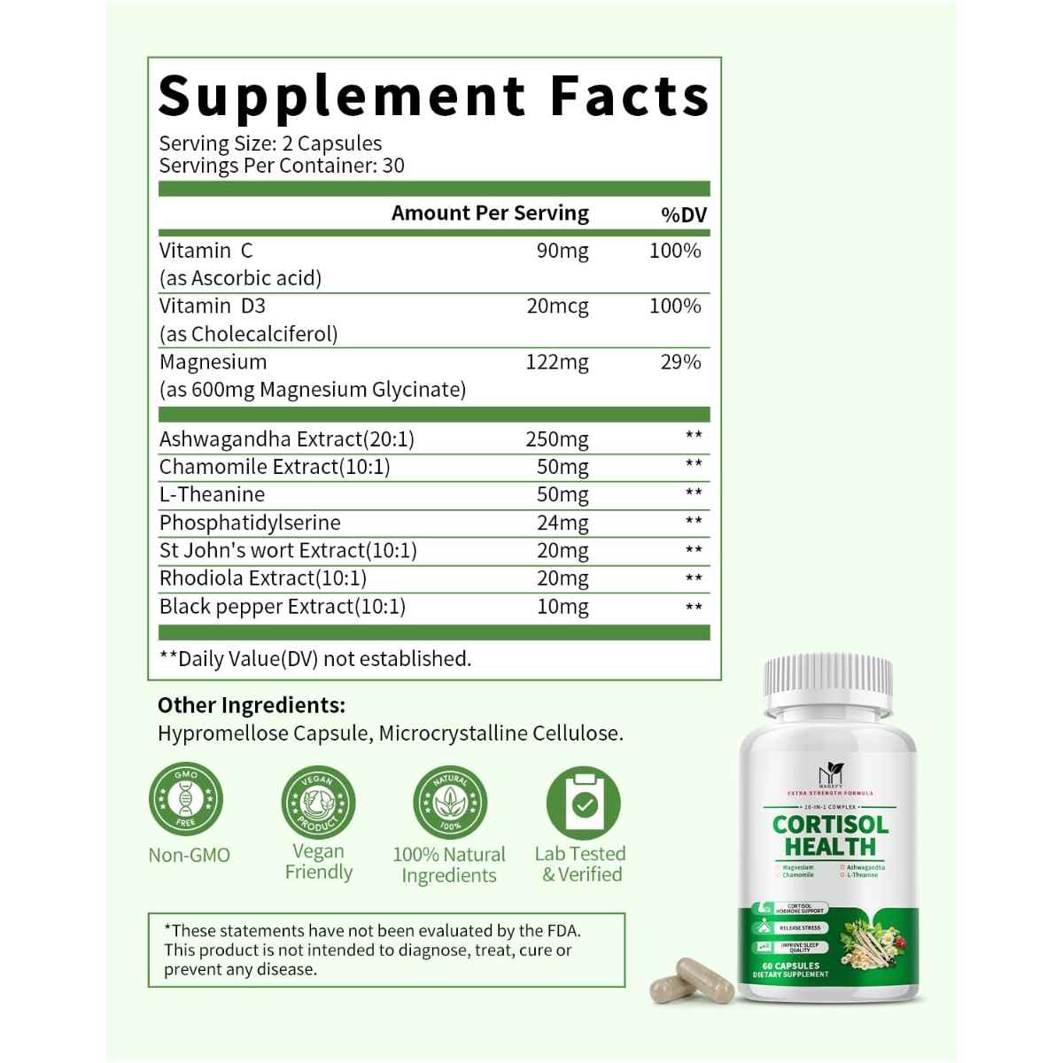 MABEFY Salud del Cortisol y Bienestar - 60 Cápsulas - Tabla Nutricional - Haz Tu Pedido