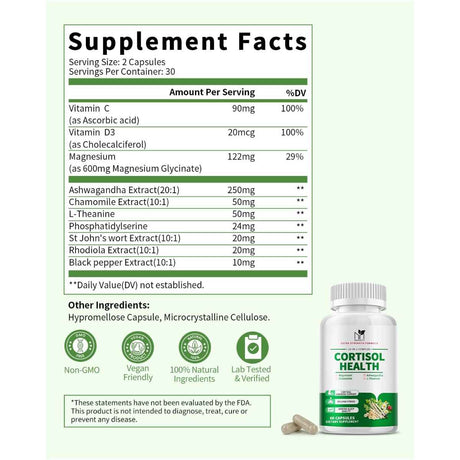 MABEFY Salud del Cortisol y Bienestar - 60 Cápsulas - Tabla Nutricional - Haz Tu Pedido