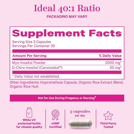 Pink Stork Myo Inositol y D Chiro Inositol para la Salud Hormonal - 90 Cápsulas - Tabla Nutricional - Haz Tu Pedido