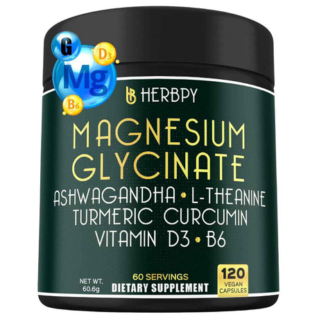 Herbpy Complejo de Magnesio L-Teanina y Ashwagandha - 120 Cápsulas