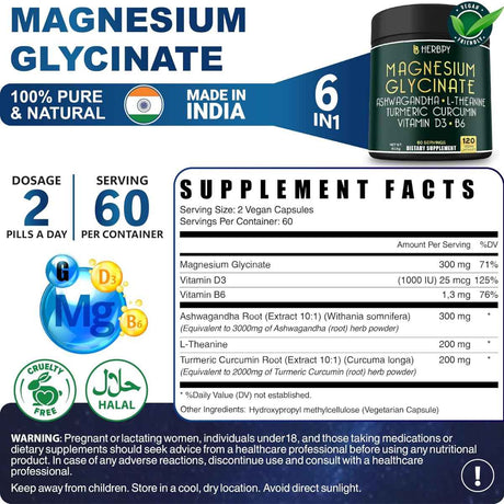 Herbpy Complejo de Magnesio L-Teanina y Ashwagandha - 120 Cápsulas - Tabla Nutricional