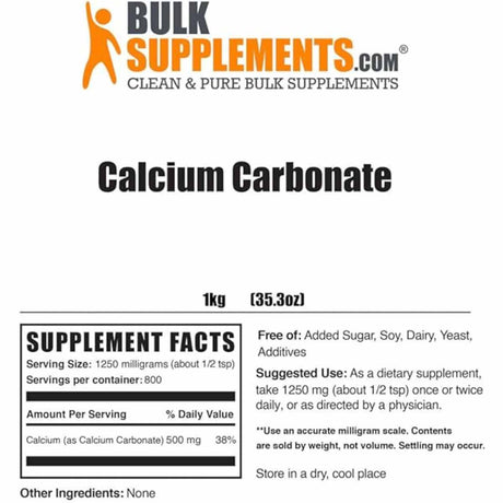  "Carbonato de Calcio en Polvo BulkSupplements: Pureza y Fortaleza."