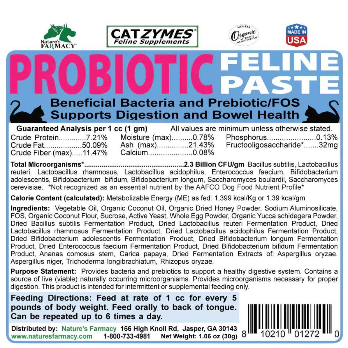 Nature's Farmacy Catzymes Probiótico para Felinos - 30 g - Tabla Nutricional - Haz Tu Pedido