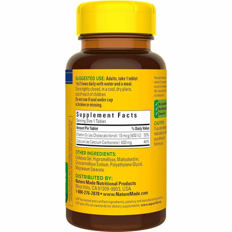 Nature Made - Calcio con Vitamina D3 - 600 mg - 60 Tabletas - Haz Tu Pedido