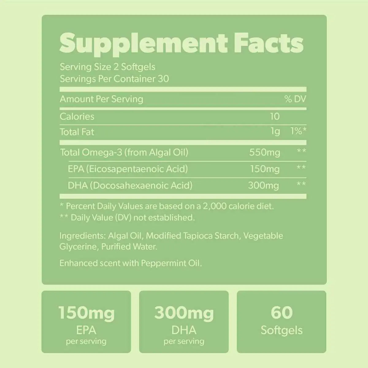 Sapling Omega 3 Algae Based DHA & EPA - Tabla Nutricional - 60 Cápsulas Blandas Veganas - Haz Tu Pedido