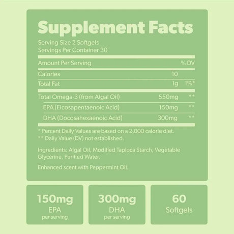 Sapling Omega 3 Algae Based DHA & EPA - Tabla Nutricional - 60 Cápsulas Blandas Veganas - Haz Tu Pedido