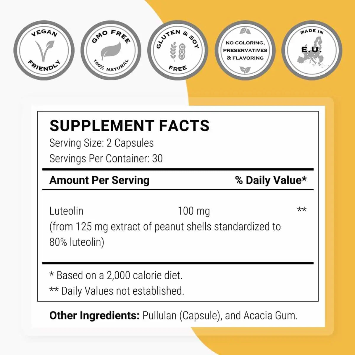 Luteolina 100 mg - 60 Cápsulas Vegetarianas - Tabla Nutricional