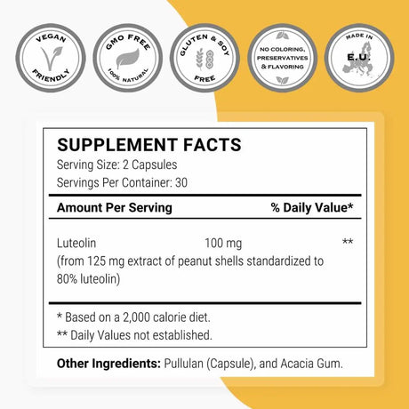 Luteolina 100 mg - 60 Cápsulas Vegetarianas - Tabla Nutricional