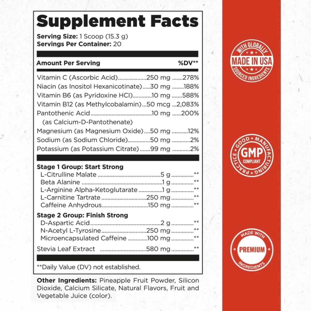 Tabla nutricional del suplemento Old School Labs Vintage Blast Pre-Entreno Ponche Caribeño 9.5 oz