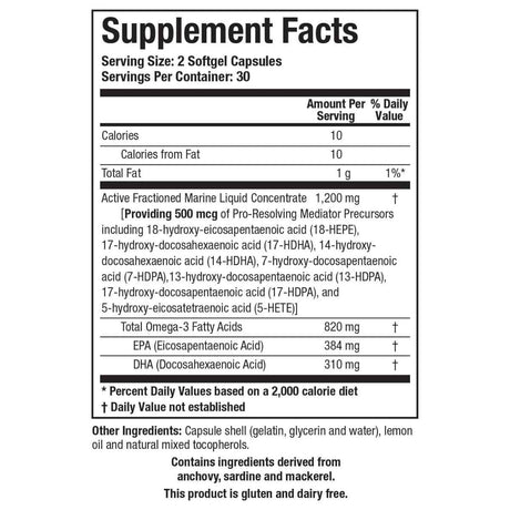 Información del suplemento de Biotics Research Biomega-SPM con omega 3, EPA y DHA.