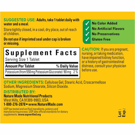 Impulsa tu salud con Gluconato de Potasio 90 mg de Nature Made, el suplemento clave para el bienestar muscular y electrolítico. Calidad y eficacia en cada dosis.