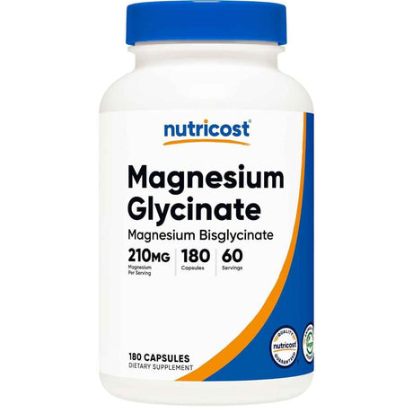 Frasco frontal de Nutricost glicinato de magnesio con 180 cápsulas