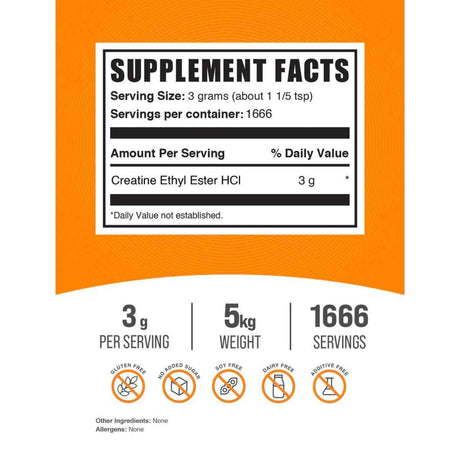 BulkSupplements.com Éster etílico de creatina HCl - 5000 g - Tabla Nutricional - Haz Tu Pedido