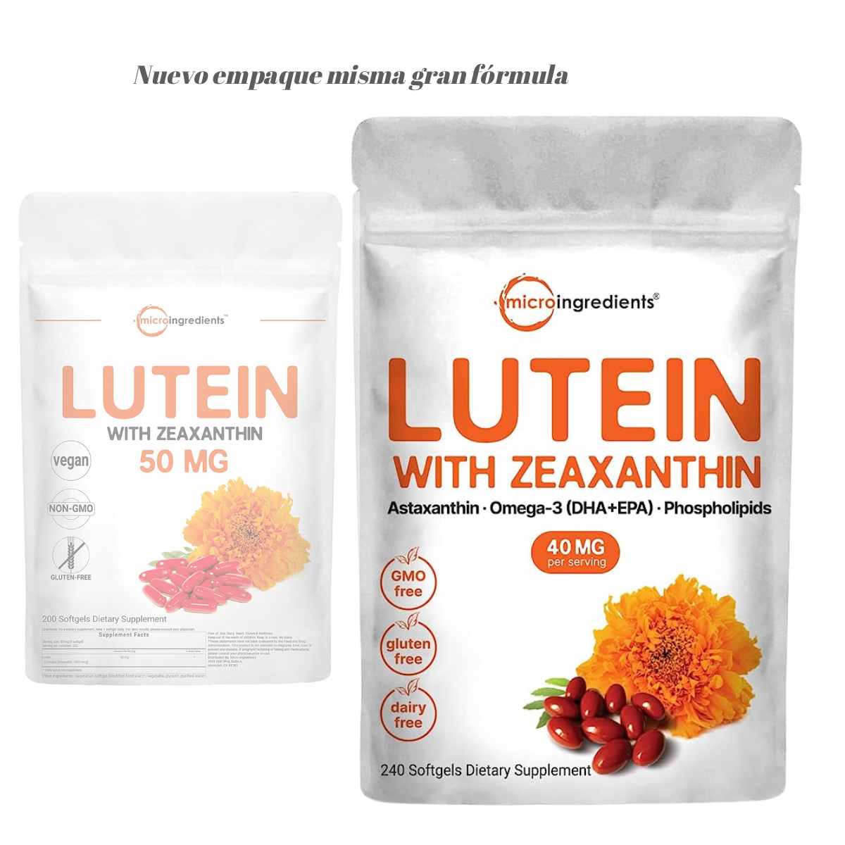 240 cápsulas blandas de Luteína con Zeaxantina, cada una conteniendo 40 mg.