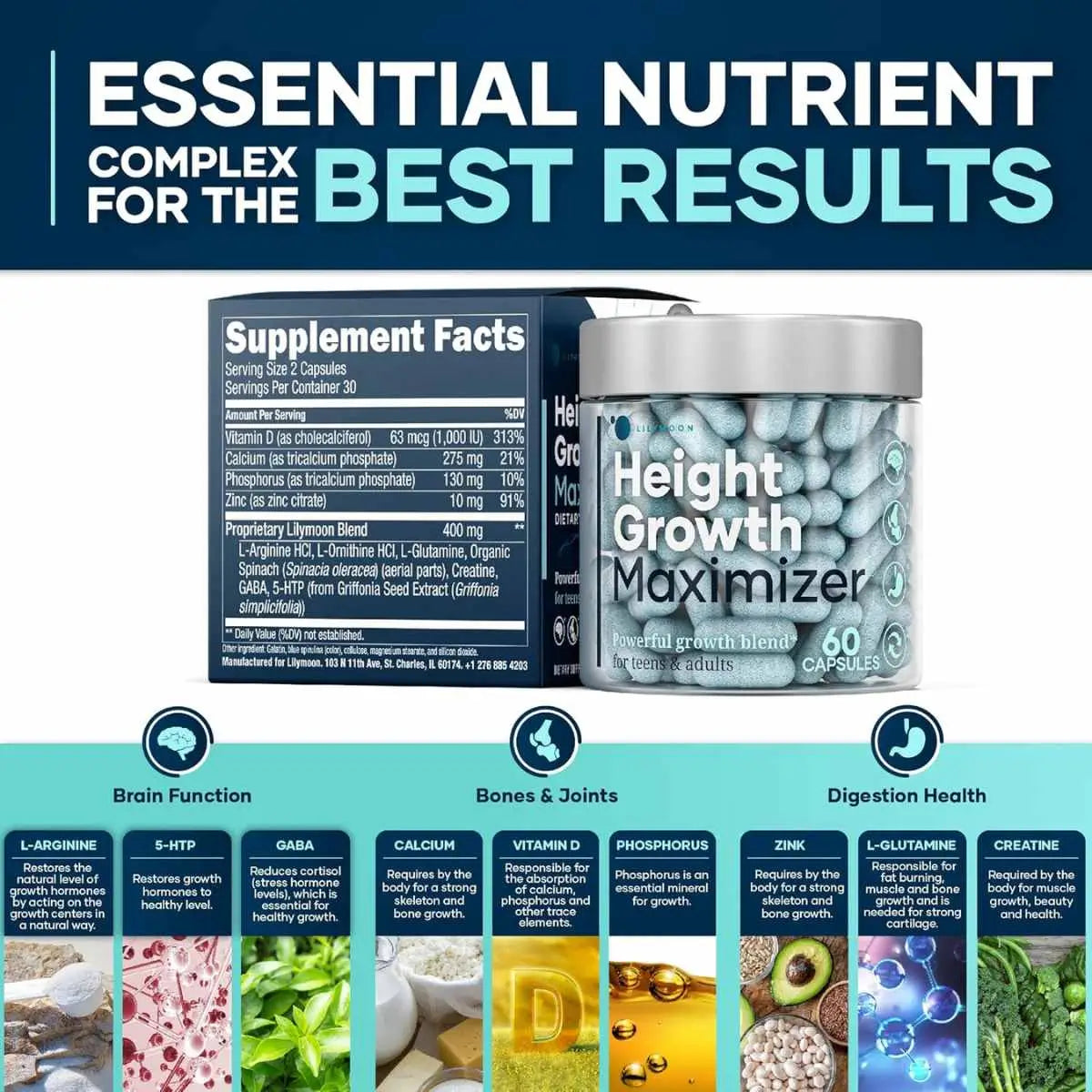 Lylymoon Vitaminas para el Crecimiento de los Niños - 60 Cápsulas - 30 Servicios - Haz Tu Pedido