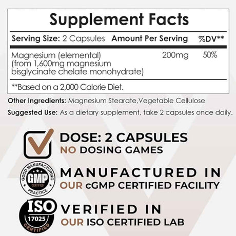 Nootropics Depot Glicinato de Magnesio 800 mg - 180 Cápsulas - Tabla Nutricional - Haz Tu Pedido