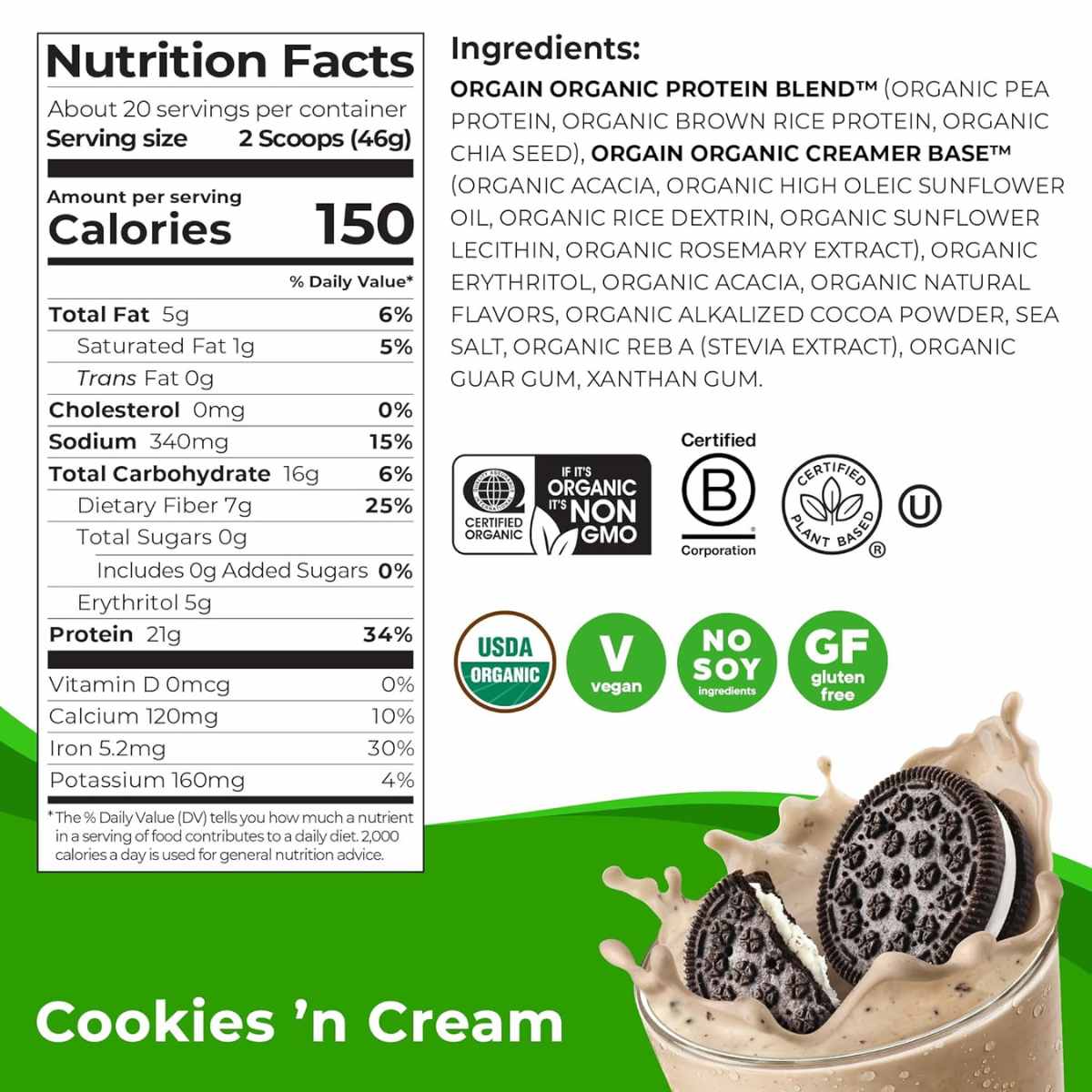 Orgain Proteína Orgánica 21 g - Sabor Galletas y Crema - 920 g - Tabla Nutricional - Haz Tu Pedido