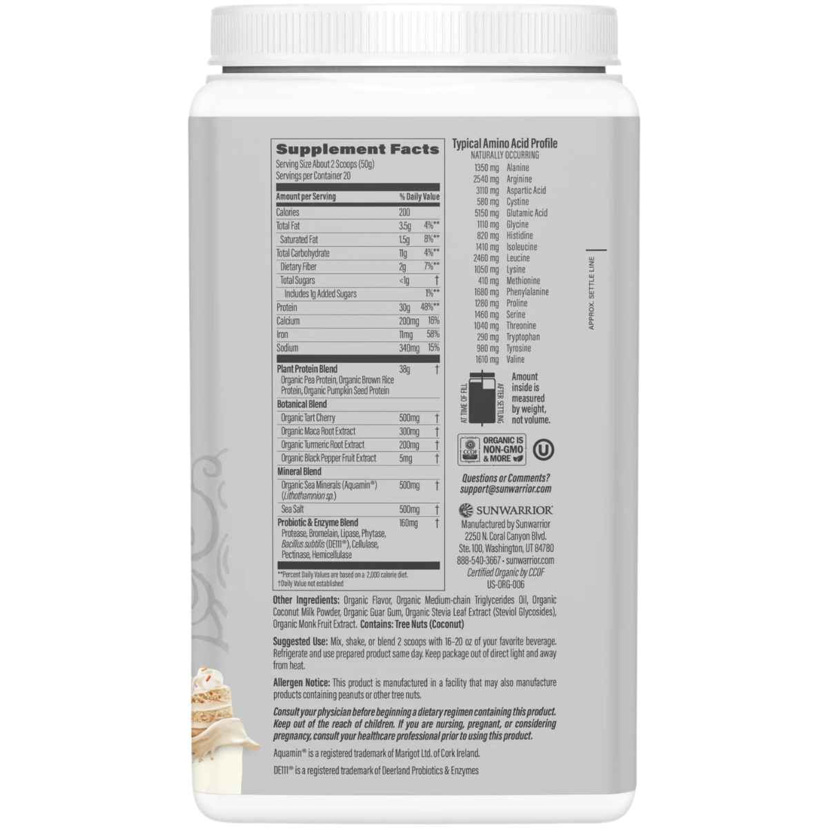Sunwarrior Proteína Orgánica 30 g - Sabor Pastel (Cake Batter) - 1  - Tabla Nutricional - Haz Tu Pedido