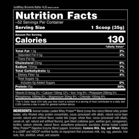Animal Proteína de Suero de Leche Aislada 25 g - Sabor Masa De Brownie - 4 polvo - Tabla Nutricional - Haz Tu Pedido