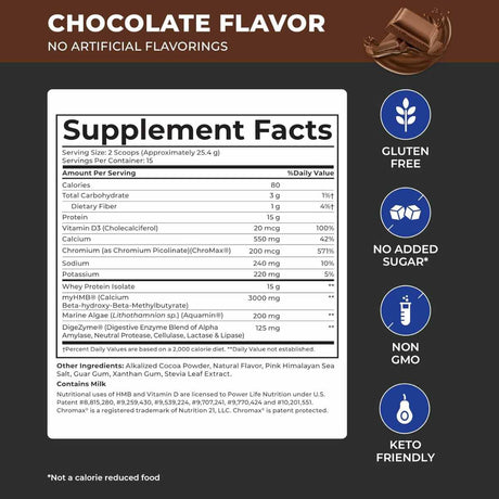 Power Life Proteína de suero de leche - Sabor Chocolate - 380 g - Tabla Nutricional - Haz Tu Pedido