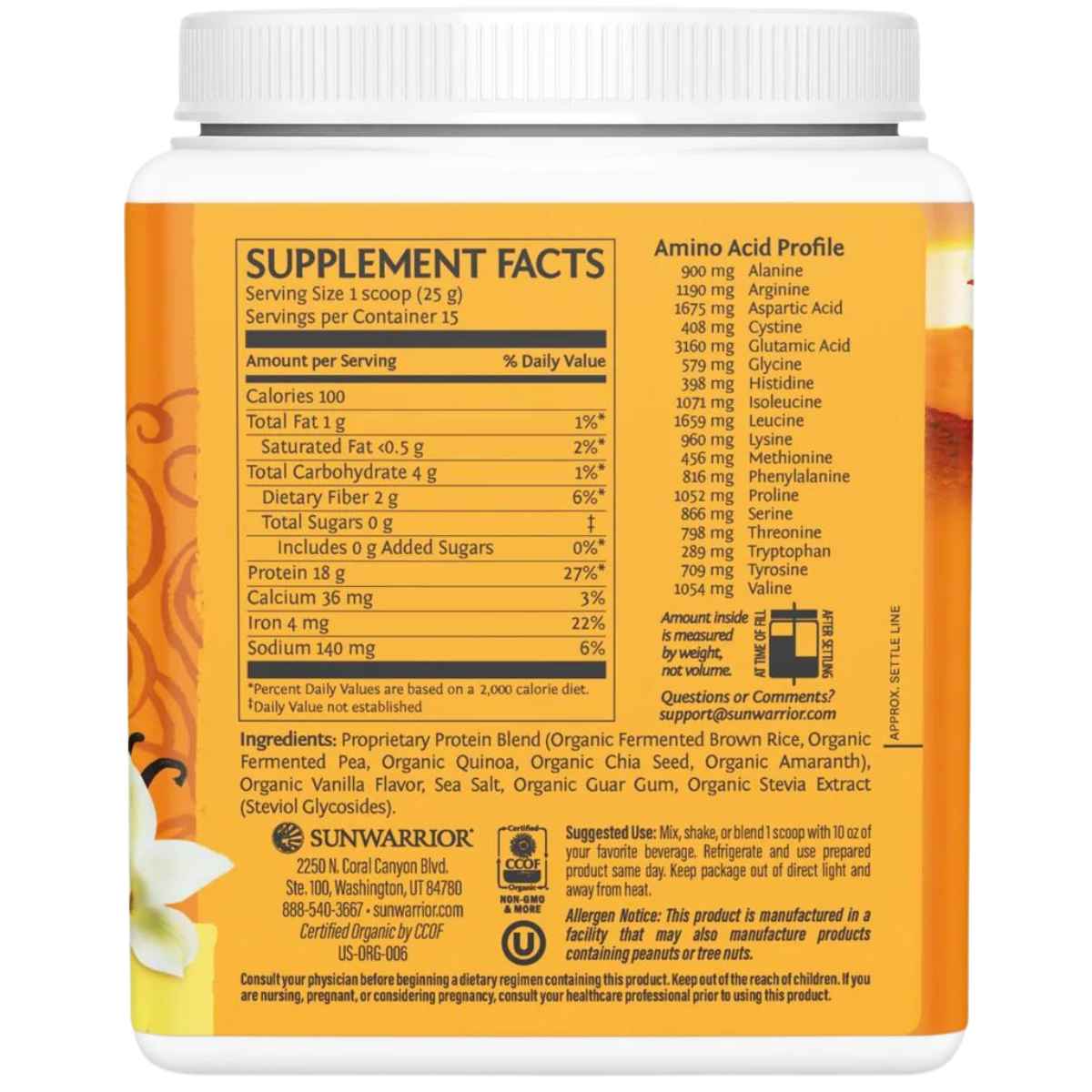 Sunwarrior Proteína Vegana Clásica Plus 18 g - Sabor Vainilla - 375 g - Tabla Nutricional - Haz Tu Pedido