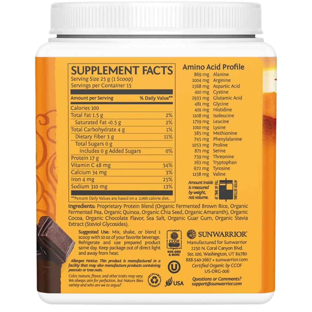 Sunwarrior Proteína Vegana Clásica Plus 17 g - Sabor Chocolate - 375 g - Tabla Nutricional - Haz Tu Pedido