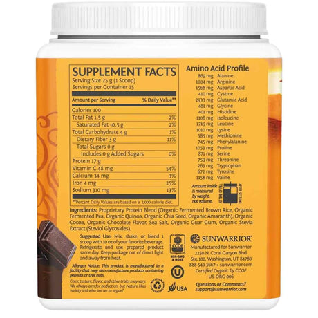 Sunwarrior Proteína Vegana Clásica Plus 17 g - Sabor Chocolate - 375 g - Tabla Nutricional - Haz Tu Pedido
