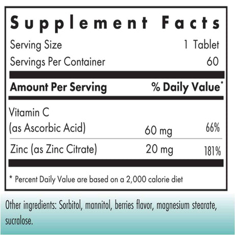 NutriCology Zinc con Vitamina C - 60 Tabletas Masticable - Tabla Nutricional - Haz Tu Pedido