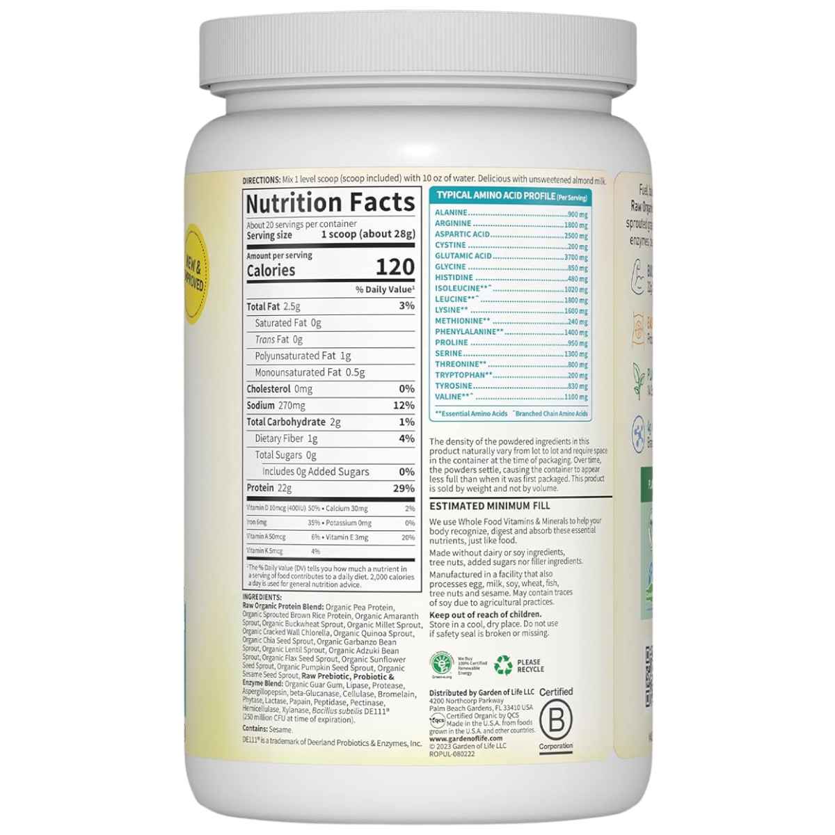 Garden of Life Proteína Orgánica Cruda - Sin Sabor - 560 g - Tabla Nutricional - Haz Tu Pedido