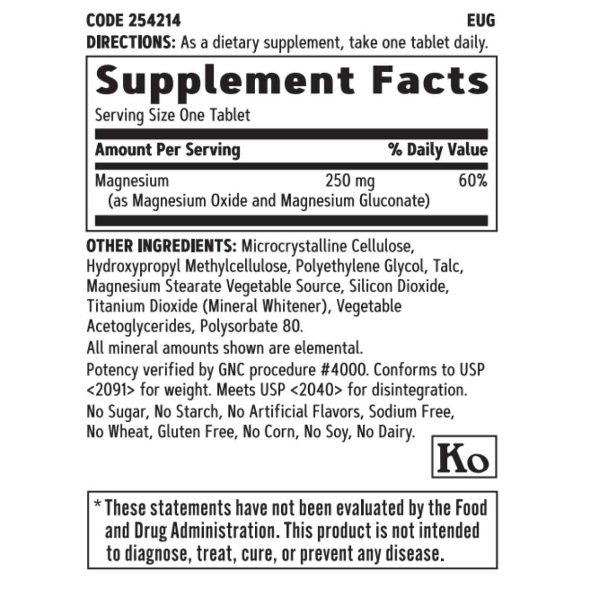 GNC Magnesio 250 mg - 90 Tabletas Vegetarianas - Tabla Nutricional - Haz Tu Pedido