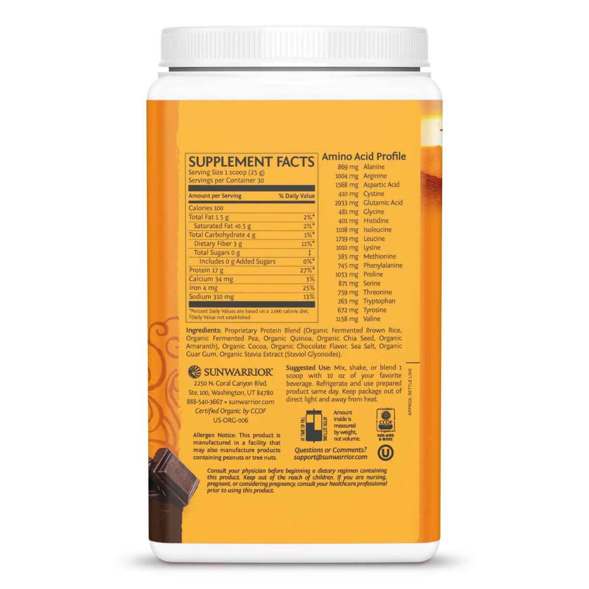 Sunwarrior Proteína Vegana Clásica Plus 17 g - Sabor Chocolate - 750 g - Tabla Nutricional - Haz Tu Pedido