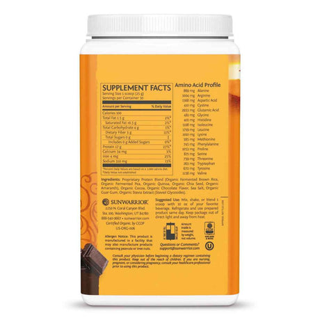 Sunwarrior Proteína Vegana Clásica Plus 17 g - Sabor Chocolate - 750 g - Tabla Nutricional - Haz Tu Pedido