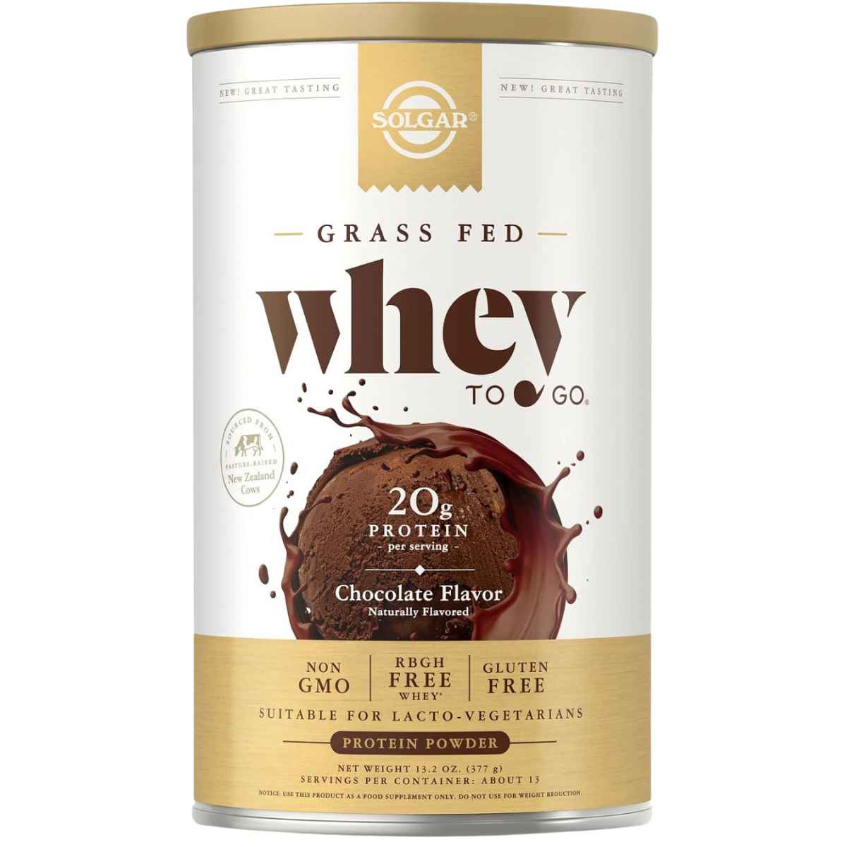 Solgar Proteína de Suero de Leche de Vacas Alimentados con Pasto 20 g - Sabor Chocolate - 377 g - Haz Tu Pedido
