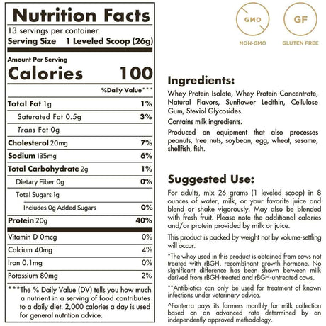 Solgar Proteína de Suero de Leche de Vacas Alimentados con Pasto 20 g - Sabor Vainilla - 338 g - Tabla Nutricional - Haz Tu Pedido