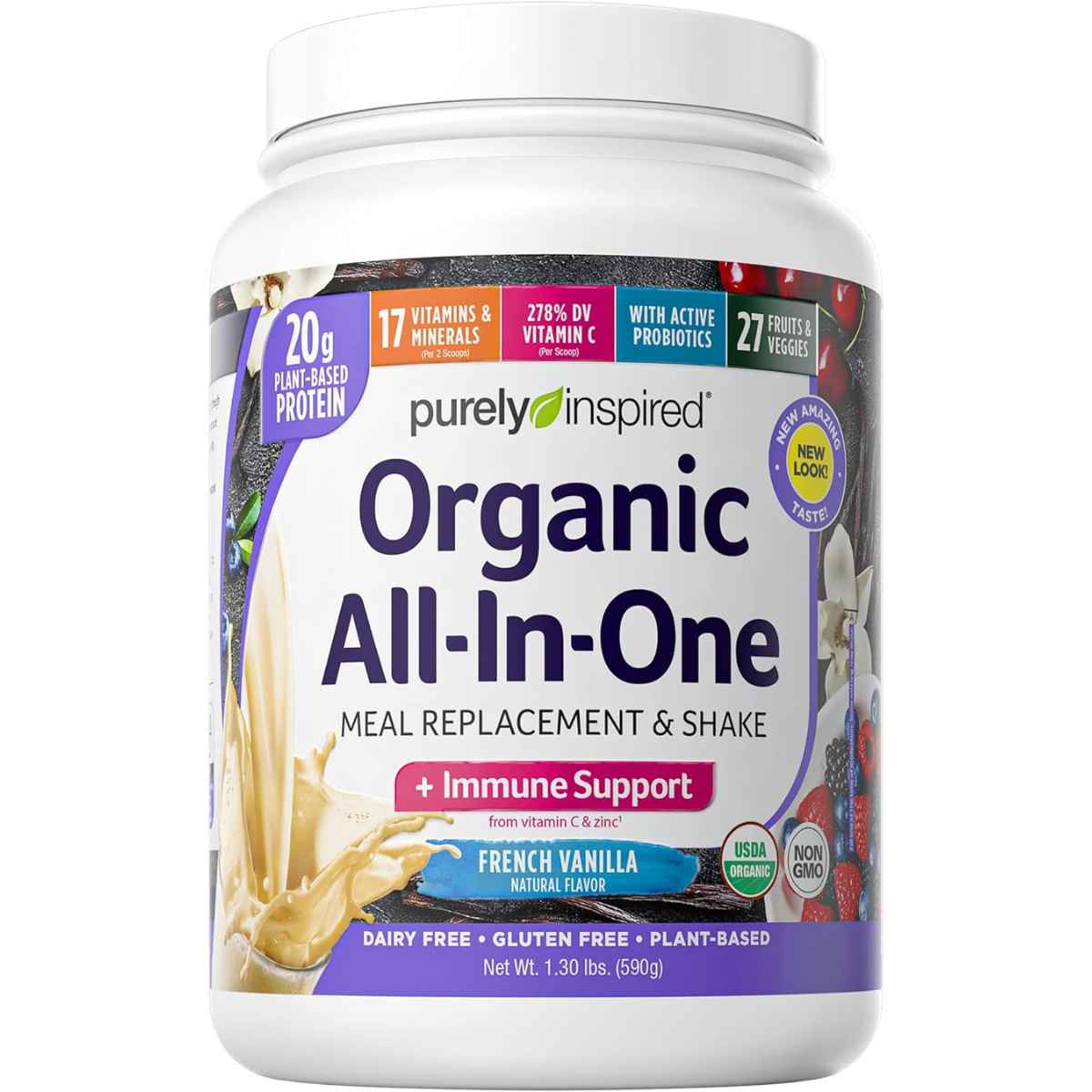 Purely Inspired Proteína Orgánica Todo en Uno 20 g - Sabor Vainilla Francesa - 590 polvo - Haz Tu Pedido