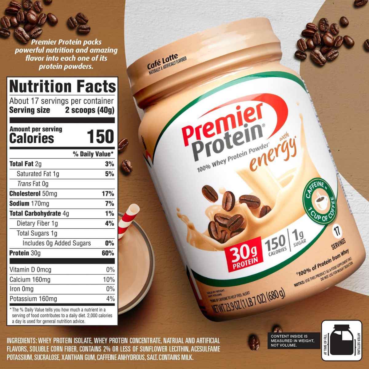 Premier Protein Proteína de Suero de Leche 30 g - Sabor Café Latte - 680 g - Tabla Nutricional - Haz Tu Pedido