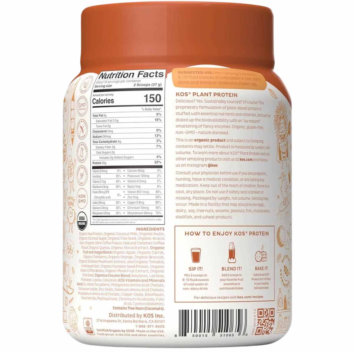 KOS Proteína de superalimento orgánico 20 g - Sabor Café de Caramelo Salado - 555 g - Tabla Nutricional - Haz Tu Pedido