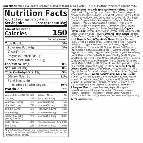 Garden of Life Proteína Orgánica Vegana 20 g - Sabor Ligeramente Dulce - 1064 g - Tabla Nutricional - Haz Tu Pedido