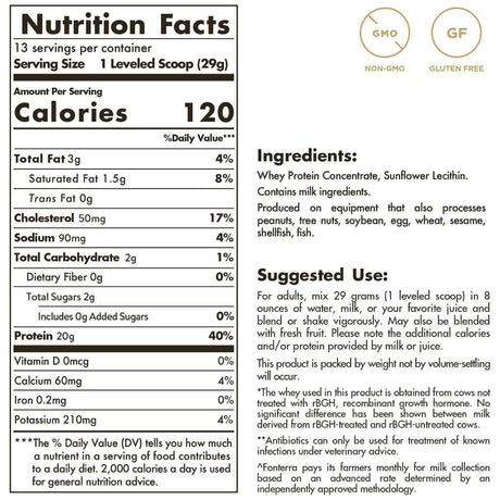 Solgar Proteína de Suero de Leche de Vacas Alimentados con Pasto 20 g - Sabor Sin Sabor - 377 g - Tabla Nutricional - Haz Tu Pedido