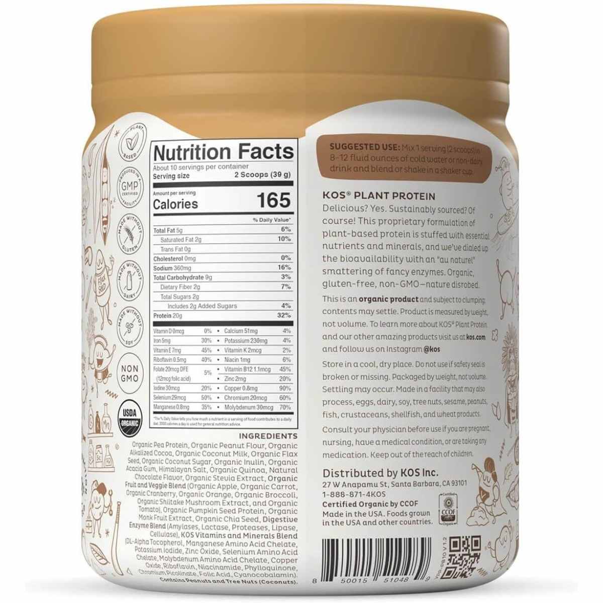 KOS Proteína de superalimento orgánico 20 g - Sabor Mantequilla de Maní con Chocolate - 585 g - Tabla Nutricional - Haz Tu Pedido