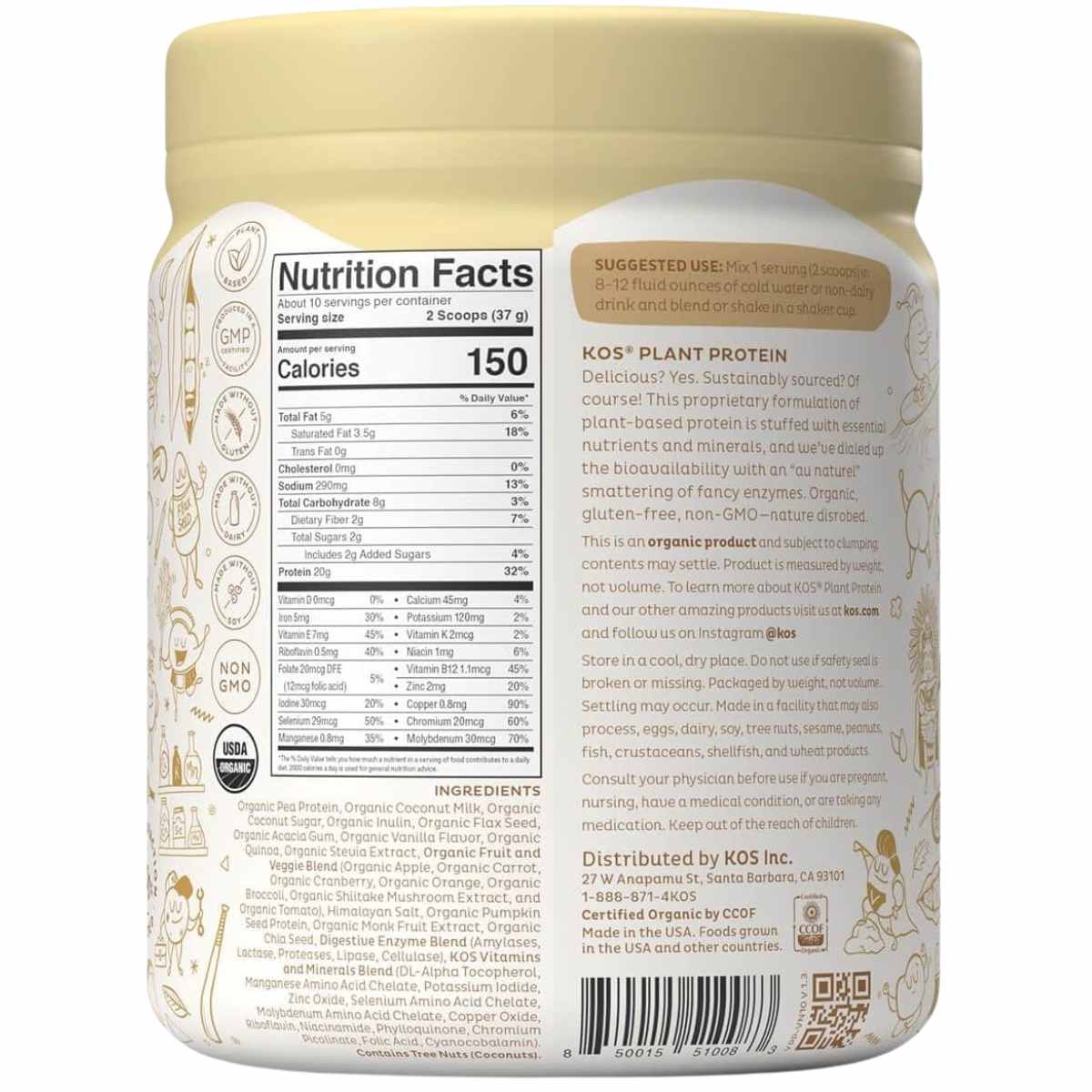 KOS Proteína de superalimento orgánico 20 g - Sabor Vainilla - 370 g - Tabla Nutricional - Haz Tu Pedido