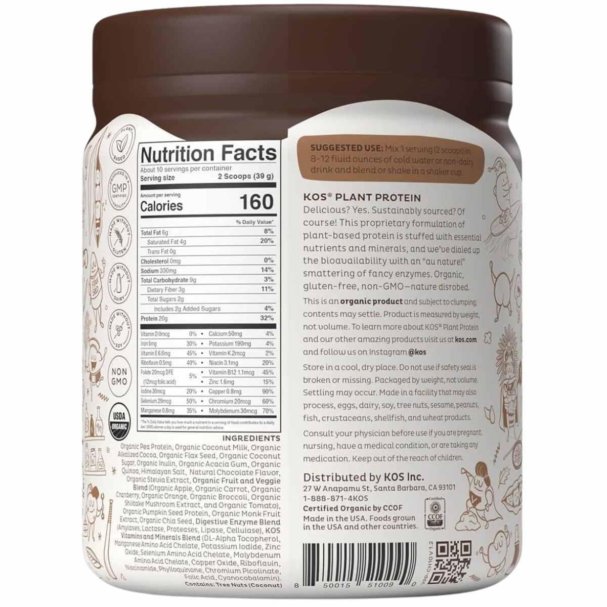 KOS Proteína de superalimento orgánico 20 g - Sabor Chocolate - 585 g - Tabla Nutricional - Haz Tu Pedido