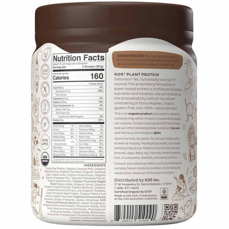 KOS Proteína de superalimento orgánico 20 g - Sabor Chocolate - 585 g - Tabla Nutricional - Haz Tu Pedido