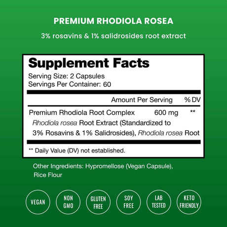 NutraChamps Rhodiola Rosea - 120 Cápsulas Veganas - Tabla Nutricional - Haz Tu Pedido