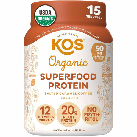 KOS Proteína de superalimento orgánico 20 g - Sabor Café de Caramelo Salado - 555 g - Haz Tu Pedido